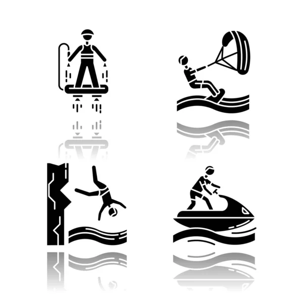 Wassersport Schlagschatten schwarze Glyphen-Symbole gesetzt. Flyboard, Drachen — Stockvektor