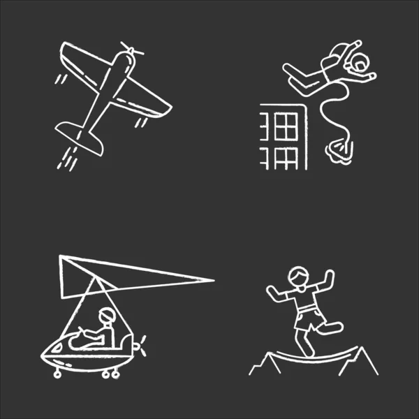 Air extreme sports chalk icons set. Aerobatics, base jumping, mi