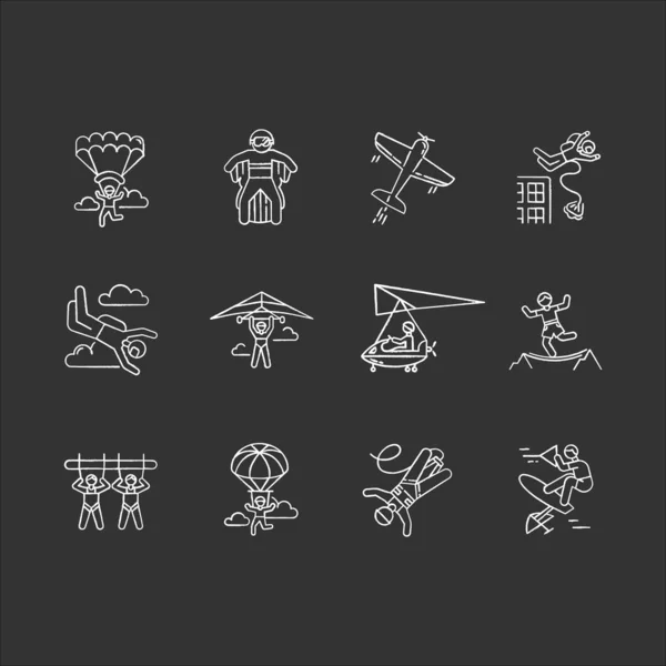 Air extreme sports chalk icons set. Skydiving, parachuting, wing