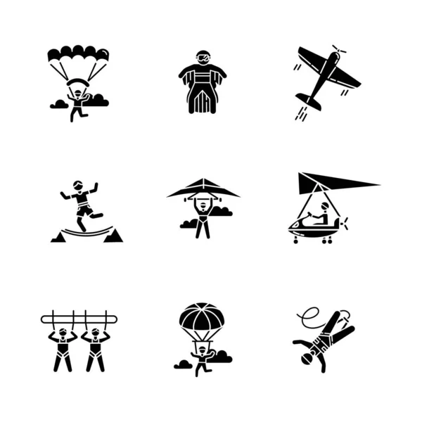 Air extreme sport glyph pictogrammen ingesteld. Parachutespringen, parachutespringen — Stockvector