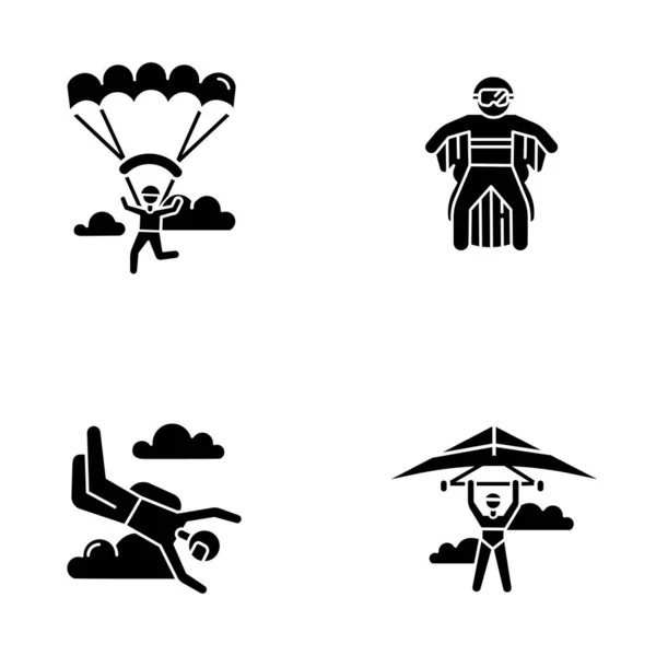 Air extreme sport glyph pictogrammen ingesteld. Deltavliegen, parachutespringen, vleugels — Stockvector