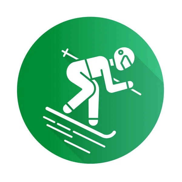 Esqui design verde plano ícone longo glifo sombra. Inverno extremo — Vetor de Stock