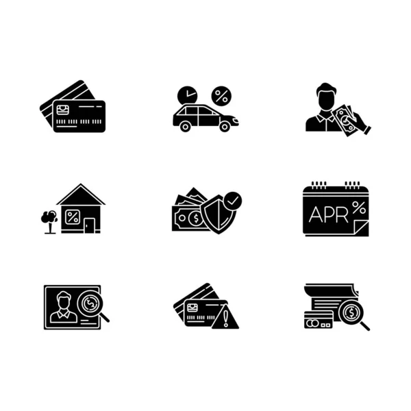 Conjunto de iconos de glifo de crédito. Informe anual de tasas porcentuales. Plástico c — Archivo Imágenes Vectoriales