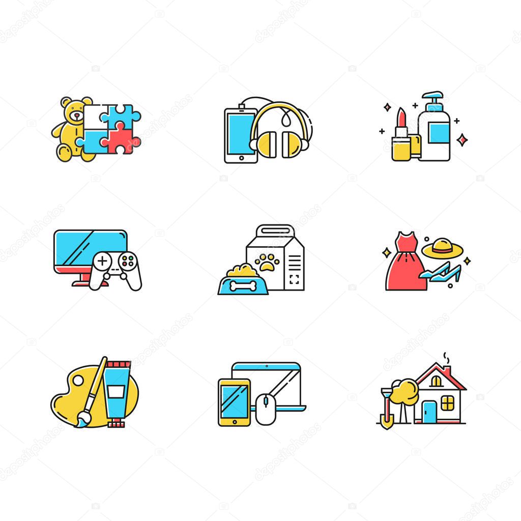 E commerce departments color icons set. Online shopping categori