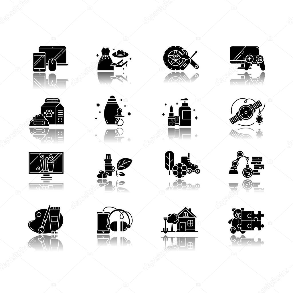 E commerce departments drop shadow black glyph icons set. Online shopping categories. Beauty, personal care. Fashion. Jewelry, watches. Auto parts. Sports and outdoors. Isolated vector illustrations