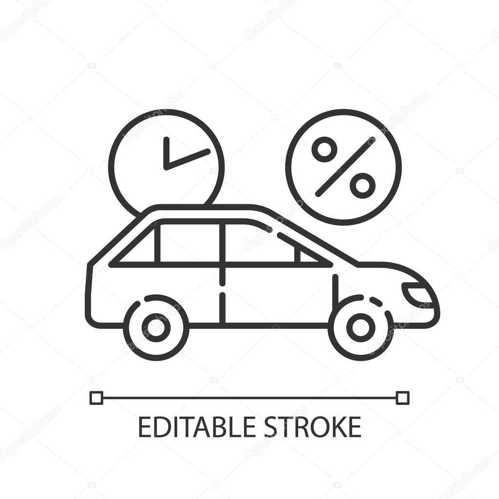 Car finance linear icon. Take credit to buy auto. Loan money for purchasing vehicle. Borrow, loan money. Thin line illustration. Contour symbol. Vector isolated outline drawing. Editable stroke