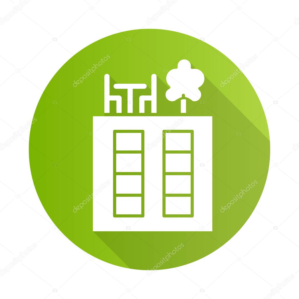Rooftop deck green flat design long shadow glyph icon. Panoramic terrace. Luxurious penthouse balcony. Sky park lounge zone. Outdoor area. Apartment amenities. Vector silhouette illustration