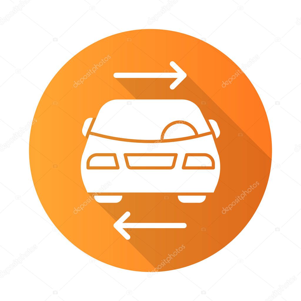 Shared car service orange flat design long shadow glyph icon. Vehicle for rent. Carpooling. Ride sharing. Carshare. Lift sharing. Road transport. Driver work. Parking. Vector silhouette illustration