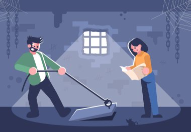 Sorgu odasındaki çift düz vektör çizimi. Harita okuyan genç bir kadın, bodrum katındaki çizgi film karakterlerini açan bir adam. Kaçış odasındaki arkadaşlar çıkışı arıyor. Modern eğlence, mantık oyunu