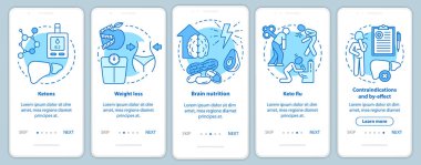 Keto, seyyar uygulama sayfa ekran şablonu üzerinde turkuaz diyet yapıyor. Ketojenik beslenme ve sağlıklı beslenme. Doğrusal çizimler içeren web sitesi adımları. Ux, Ui, Gui akıllı telefon arayüzü