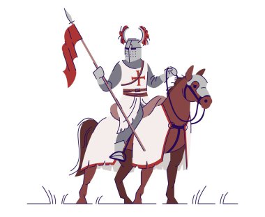 Zırhlı düz vektör çizimi içinde Ortaçağ Şövalyesi Süvari. Binicilik haçlısı, beyaz arkaplanda ana hatları olan karikatür karakterini izole etti. Orta yaşlı savaşçı. Efsanevi kişi