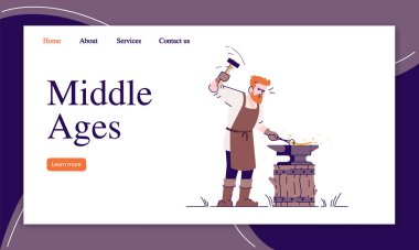 Orta Çağ iniş sayfası vektör şablonu. Düz çizimler ile tarihi web sitesi arayüzü fikri. Eski zaman çizimleri ana sayfanın düzeni. Ortaçağ meslekleri web afişi, web sayfası çizgi film kavramı