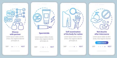 Mobil uygulama sayfası vektör şablonunda güvenli seks. Vücudunda döküntüler var mı diye kontrol et. Doğrusal çizimler içeren web sitesi adımları. Ux, Ui, Gui akıllı telefon arayüzü kavramı