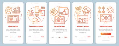 Yazılım performansı turuncuyu mobil uygulama sayfa ekran şablonu üzerinde test ediyor. Kalite kontrolü. Doğrusal çizimler içeren web sitesi adımları. Ux, Ui, Gui akıllı telefon arayüzü kavramı