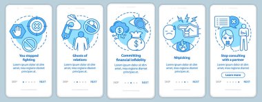 Doğrusal kavramlarla taşınabilir uygulama sayfası ekranında ilişki sorunu. İlişkiler hayaleti, adım adım grafik talimatlar. Ux, Ui, resimli Gui vektör şablonu