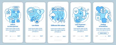 Mobil uygulama sayfası ekranında lineer kavramlarla mutsuz ilişkiler. Partnerin yürütme aşamalarının grafik talimatları kapatılamadı. Ux, Ui, resimli Gui vektör şablonu