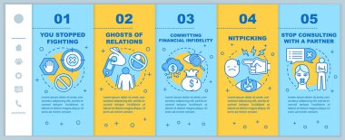 Mobil web sayfaları vektör şablonundaki ilişkilerde sorun var. Doğrusal çizimlerle ilgili akıllı telefon web sitesi arayüzü fikri. Web sayfası basamak ekranları. Renk konsepti