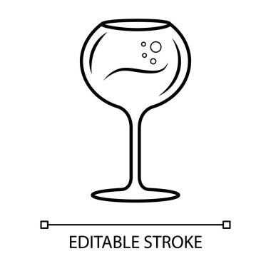 Şarap doğrusal simgesi. Chardonnay şarap kadehi ince çizgili çizim. Köpüklü alkol içeceği sembolü. Bar, restoran sofra takımı, cam eşyalar vektör izole çizimler. Düzenlenebilir vuruş