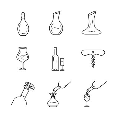 Şarap servisi doğrusal simgeleri ayarlandı. Bardağın içine dökülen alkol içeceği ince çizgi şeklindeki semboller. Şarap bardakları, sürahiler. Sommelier, barmen. İzole vektör çizimi çizimleri. Düzenlenebilir vuruş