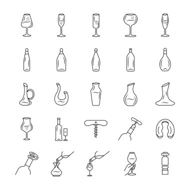 Şarap servisi doğrusal simgeleri ayarlandı. Aperatif içecek şişesi ince çizgi şeklinde semboller. Bardağa dökülen alkol içeceği. İzole vektör çizimi çizimleri. Düzenlenebilir vuruş