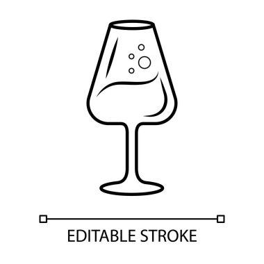 Şarap kadehi doğrusal ikonu. Porto şarabı ince çizgili illüstrasyon. Parti kokteyl kontur sembolü. Bar, restoran sofra takımı, cam eşyalar. Vektör izole çizim. Düzenlenebilir vuruş