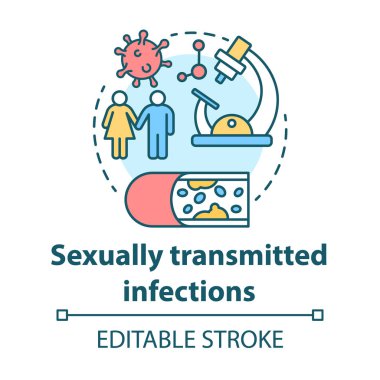Cinsel yolla bulaşan enfeksiyon konsepti ikonu. Fikir ince çizgi çizimi. Zührevi hastalıklar. Korunmasız seks. Bakteriler, virüsler. Vektör izole çizim. Düzenlenebilir vuruş