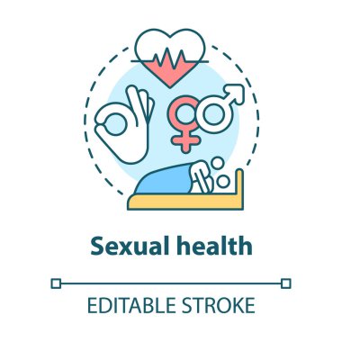 Cinsel sağlık konsepti ikonu. Korunan seks fikri ince çizgi çizimi. Doğum kontrol, üreme sistemi, Stis. Seks eğitimi, sağlık hizmetleri. Vektör izole çizim. Düzenlenebilir vuruş