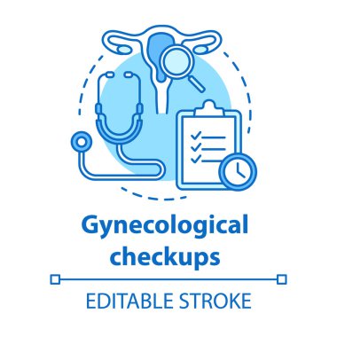 Jinekolojik kontrol konsepti ikonu. Tıbbi tarama fikri ince çizgi çizimi. Üreme sistemi inceleniyor. Kadın sağlık hizmetleri. Doktor ekipmanı. Vektör izole çizim. Düzenlenebilir vuruş