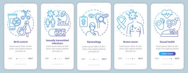 Mobil uygulama sayfa ekran şablonu üzerinde kadın sağlık hizmeti mavisi. Doğum kontrolü, göğüs kanseri, cinsel sağlık. Web sitesinde simgelerle dolaşmak. Ux, Ui, Gui akıllı telefon arayüzü kavramı