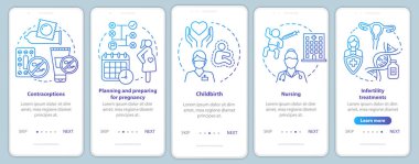 Gebelik planlaması ve doğum öncesi bakım mavi gezici uygulama sayfa ekran şablonu. Kadın sağlık hizmetleri. Doğrusal simgelerle birlikte gezinme web sitesi adımları. Ux, Ui, Gui akıllı telefon arayüzü kavramı
