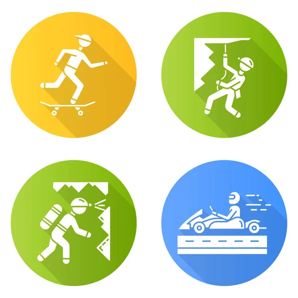 Extreme sports flat design long shadow glyph icons set. Skateboa