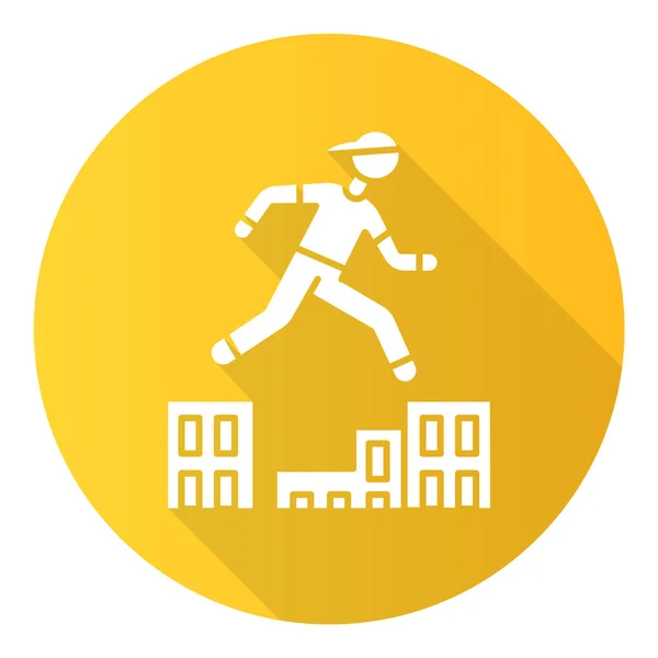 Parkour yellow flat design long shadow glyph icon. Traceur runni