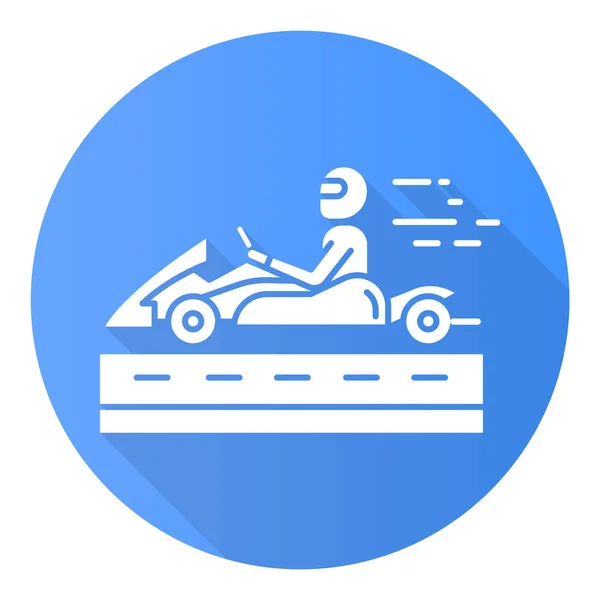 Kart yarışı mavi düz tasarım uzun gölge simgesi. Karttaki adam — Stok Vektör