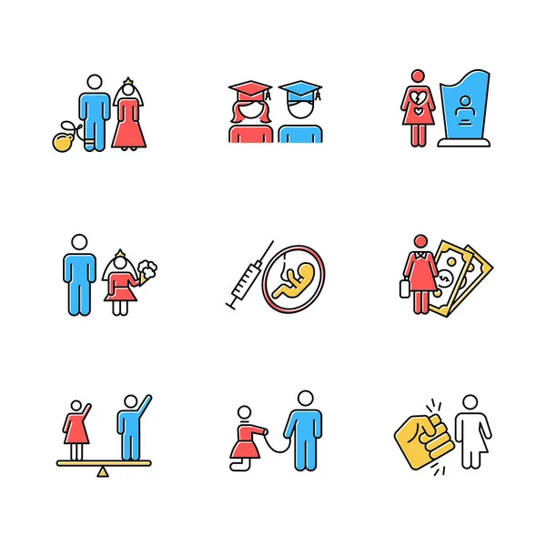 Gender equality color icons set. Forced marriage. Education equa