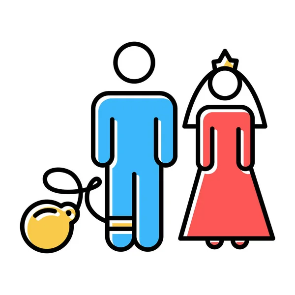 Kényszerházasság színes ikonok beállítva. Nő és férfi, vőlegény és menyasszony. — Stock Vector