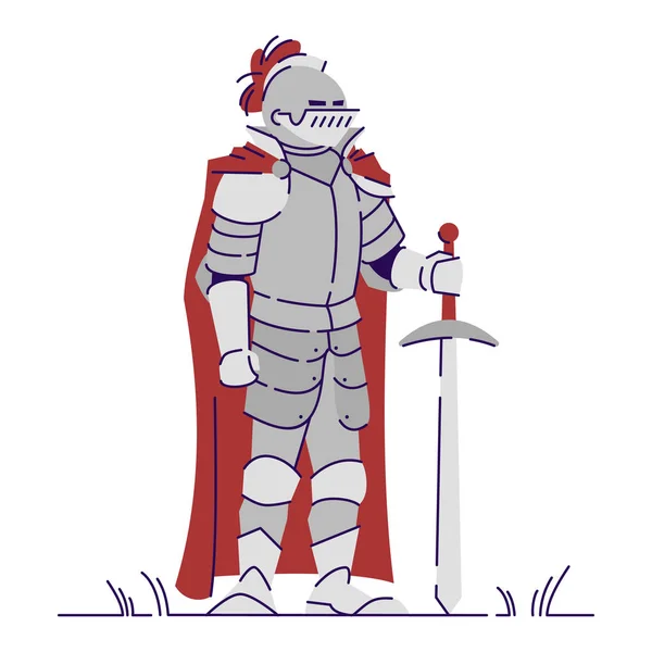 Medieval knight in heavy metal armor flat vector illustration. H — Stock Vector