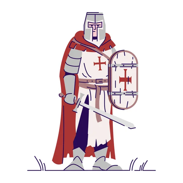 圣殿骑士平面矢量插图。 中世纪的武装战士 — 图库矢量图片