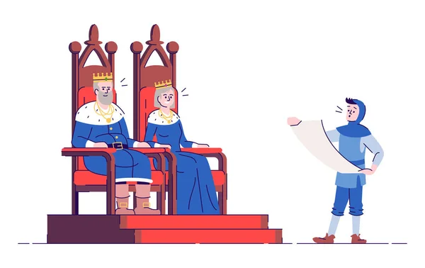Mittelalterliche Herrscher auf Thronen und königliche Boten flache Vektorillustration. König, Königin und Herold isolierte Comicfiguren mit Umrissen auf weißem Hintergrund. Mittelalter — Stockvektor