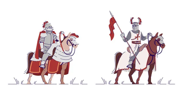 Paardensport ridders platte vector illustraties set. Gepantserde krijgers paardrijden geïsoleerde stripfiguren met omlijnde elementen op witte achtergrond. Middeleeuwse cavalerie soldaten. Oude oorlogvoering — Stockvector