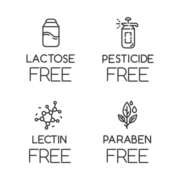 Producto libre de ingredientes lineales iconos conjunto. Sin lactosa, pesticida , — Vector de stock