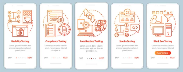 Нефункциональное программное обеспечение тестирует оранжевый на борту мобильного приложения векторный шаблон страницы приложения. Юзабилити Шаги веб-сайта с линейными иллюстрациями. Интерфейс смартфона UX, UI, GUI — стоковый вектор