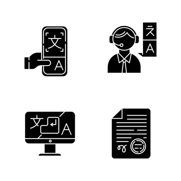 Translation glyph icons set. Human interpretation, apostilles an — Stock vektor