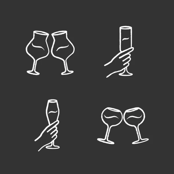 Wein Service Kreide Ikonen Set vorhanden. Weingläser klirren. Hände, die alkoholische Getränke halten. Feier, Party. Hochzeit. Glaswaren, Weingut. Jubel. Isolierte Vektor-Tafelillustrationen — Stockvektor