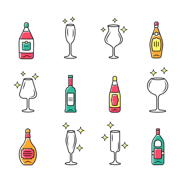 Conjunto de iconos de color de cristalería de bebida alcohólica. Elementos de servicio de vino. Formas de cristales. Tipos de bebidas y bebidas. Vino tinto y botellas de whisky con etiquetas. Ilustraciones vectoriales aisladas — Vector de stock