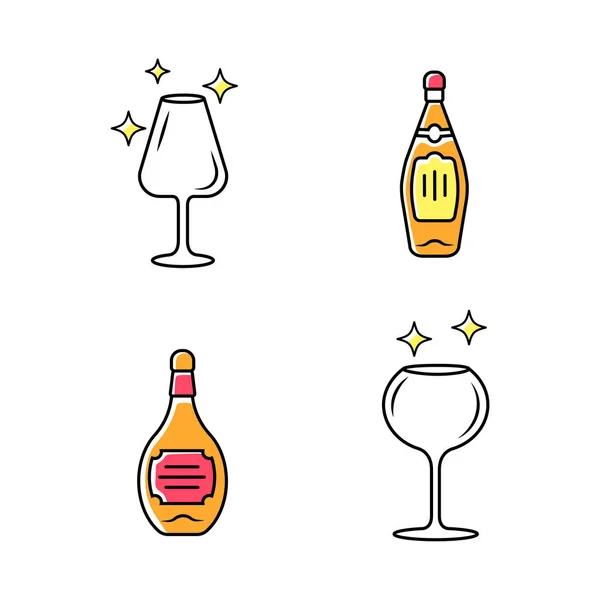 Alkoholgetränke Gläser Farbe Symbole gesetzt. Weinservice-Elemente. Kristallgläser formen sich. Getränke und Getränkearten. Whiskey- und Bourbonflaschen mit Etiketten. isolierte Vektorillustrationen — Stockvektor