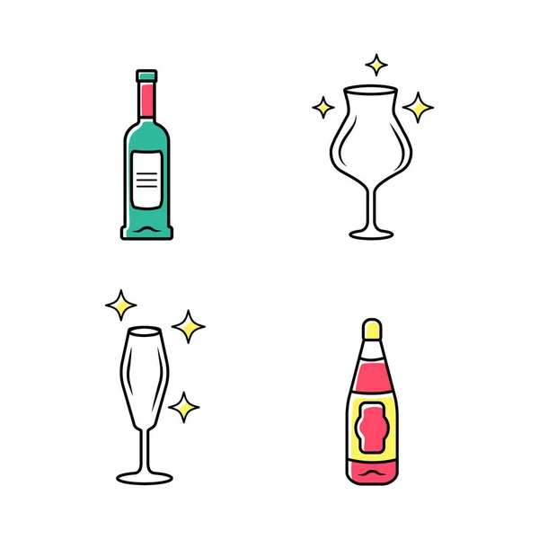 Conjunto de iconos de color de cristalería de bebida alcohólica. Elementos de servicio de vino. Gafas de cristal formas y tipos. Tipos de bebidas y bebidas. Botellas de vino tinto con etiquetas. Ilustraciones vectoriales aisladas — Vector de stock