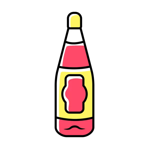 Glasflaska med röd, dessert vin färg ikon. Alkoholhaltig dryck, dryck. Färg glas spritflaska med gul etikett. Stemware i bar, café, restaurang. Isolerad vektor illustration — Stock vektor