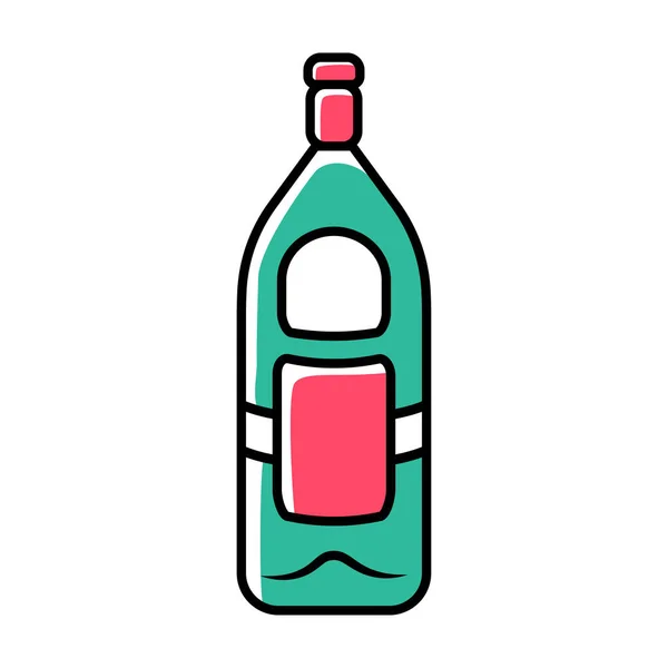 Zelená skleněná láhev vína, whisky, ikona barvy rumu. Místní alkoholický nápoj, nápoj. Barevná skleněná láhev s červeným štítkem. Stemware v baru, kavárně, restauraci. Izolovaná vektorová ilustrace — Stockový vektor