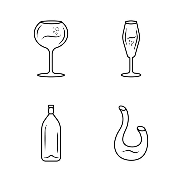 Ensemble d'icônes linéaires de dessert et de vin mousseux. Différents types de verres à vin lignes minces symboles de contour. Une carafe, une bouteille. Un apéritif. Illustrations isolées des contours vectoriels. Course modifiable — Image vectorielle