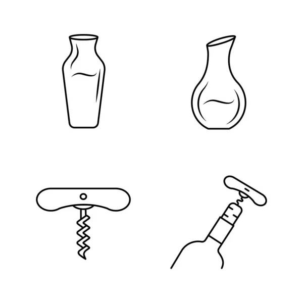 Set de iconos lineales de vino. Diferentes tipos de decantadores delgados símbolos de contorno de línea. Sacacorchos, herramientas para abrir botellas. Equipo de camarero. Ilustraciones aisladas de contornos vectoriales. Carrera editable — Vector de stock